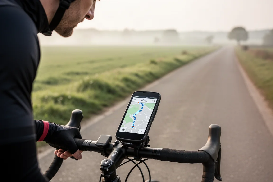 Ciclista che controlla la navigazione del percorso su un dispositivo GPS montato al manubrio su una tranquilla strada di campagna