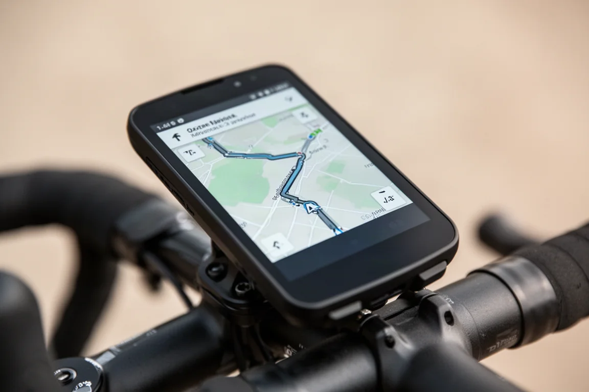 Primo piano del touchscreen di un GPS da ciclismo che mostra i dettagli della navigazione sulla mappa