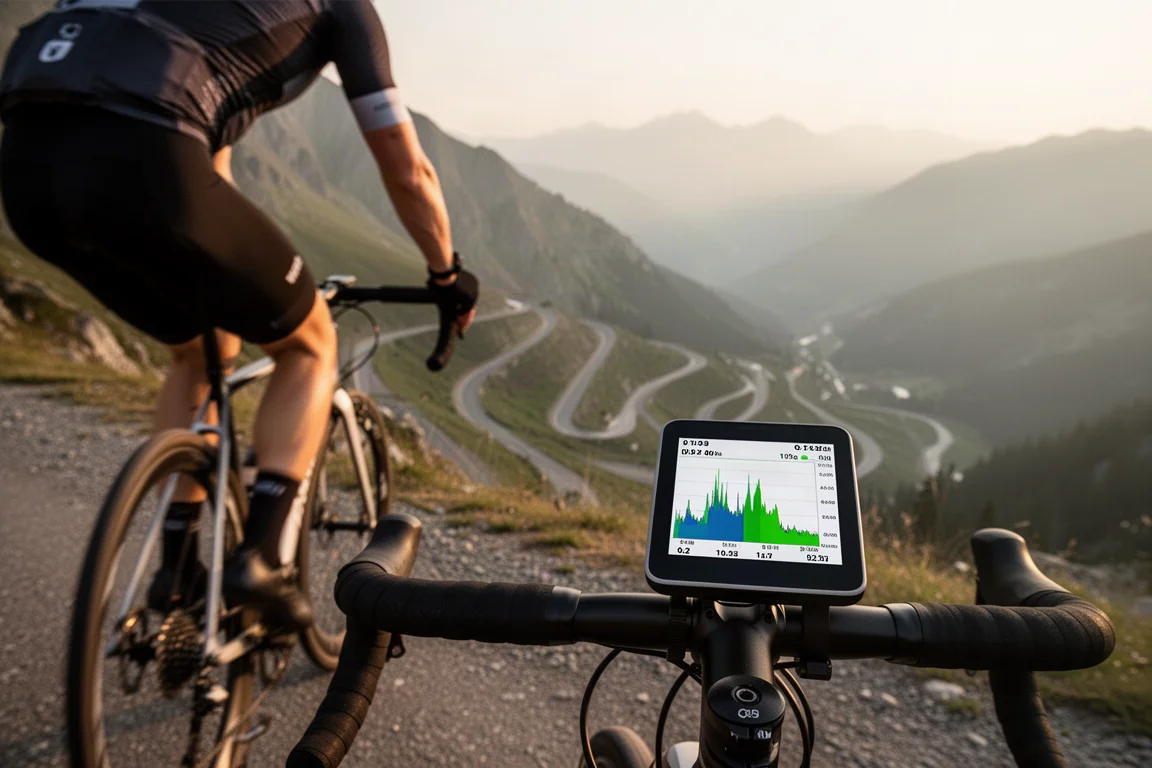 Ciclista che sale su una strada di montagna con il profilo di elevazione visibile sul bike computer