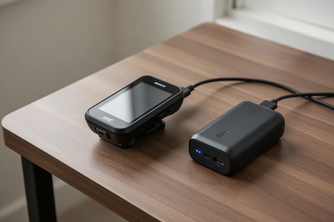 Unità GPS da ciclismo collegata a un cavo di alimentazione su una scrivania accanto a un power bank
