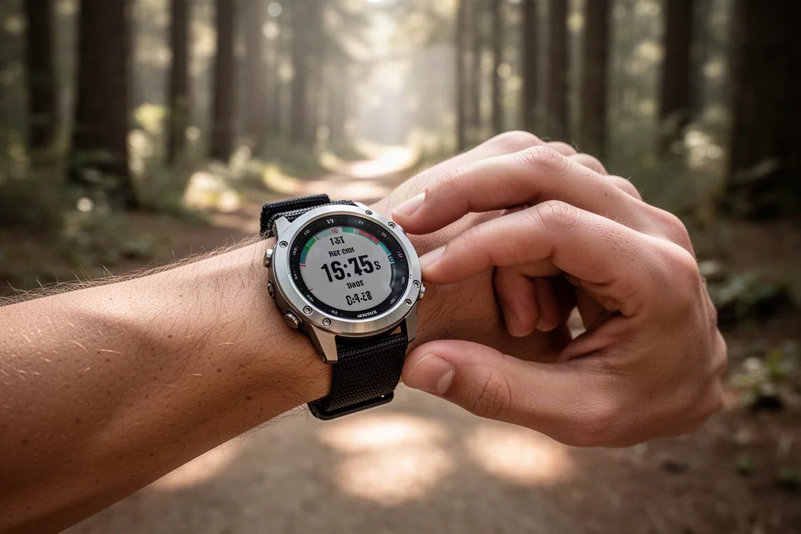 Corredor comprobando un reloj deportivo GPS grande en la muñeca durante una carrera por sendero en el bosque