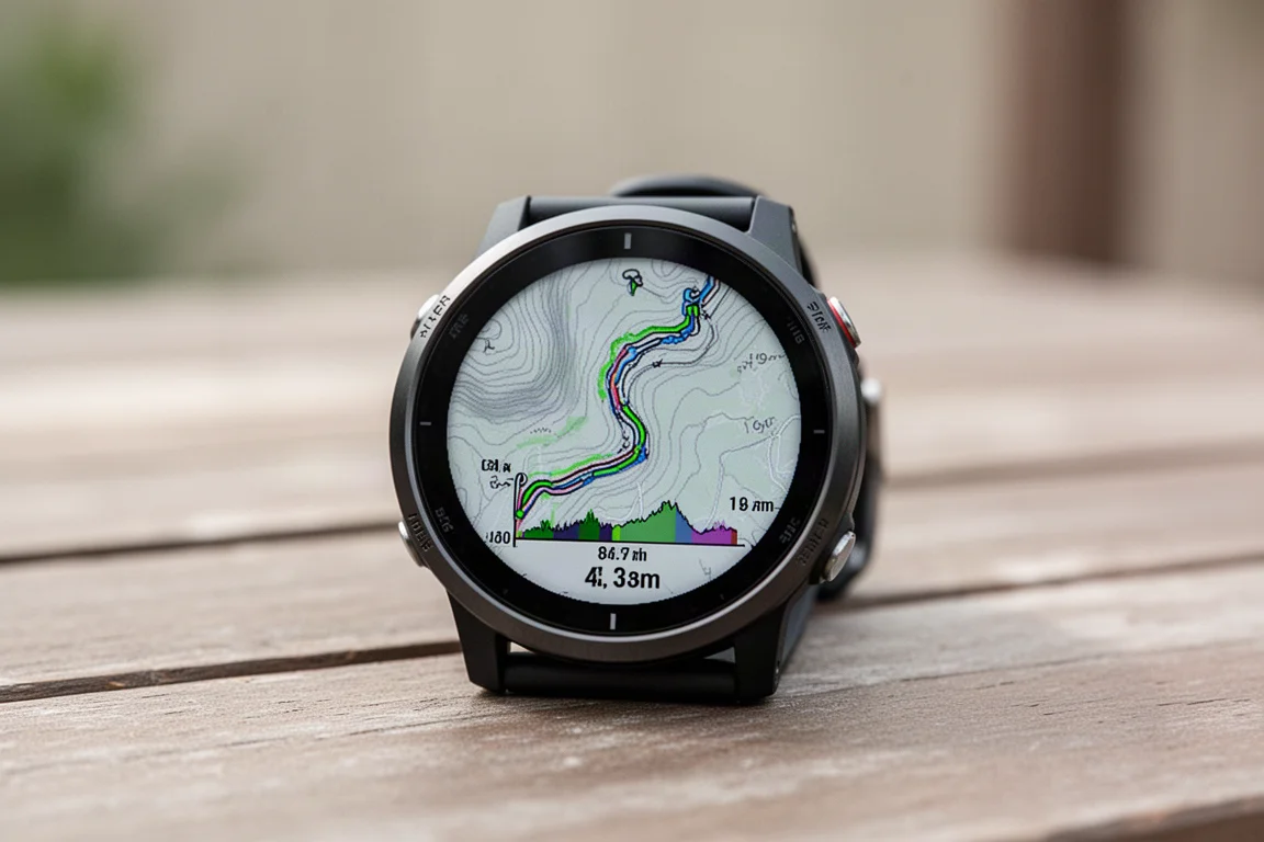 Primer plano de la pantalla de un reloj GPS que muestra un mapa topográfico de senderos con líneas de ruta