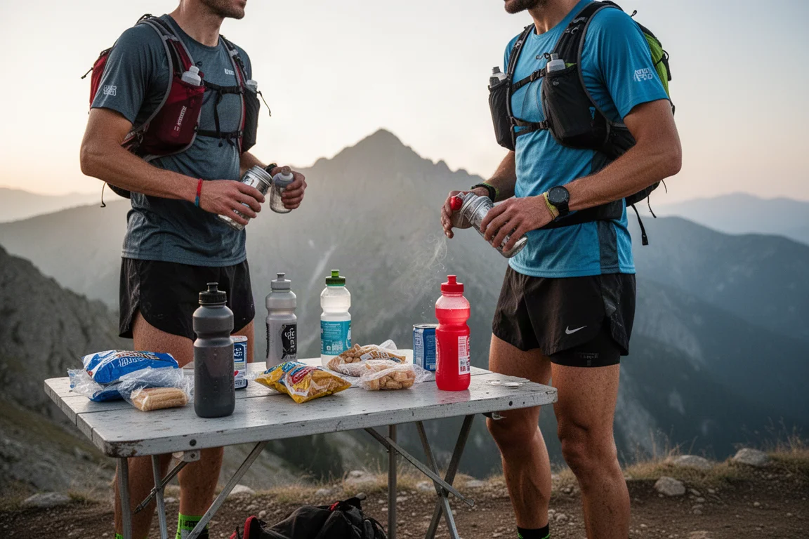 Corredor de ultramaratón descansando en un punto de avituallamiento durante una larga carrera de montaña