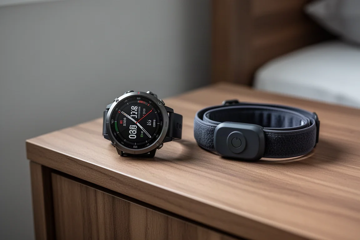 Reloj GPS sobre una mesita de noche junto a una banda pectoral de frecuencia cardíaca