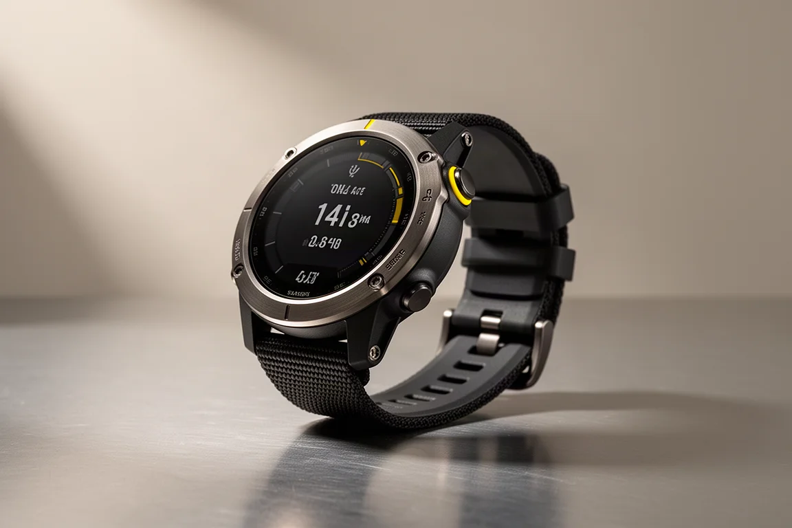 Garmin Enduro 2 GPS sports watch with titanium bezel and nylon strap on a brushed metal surface