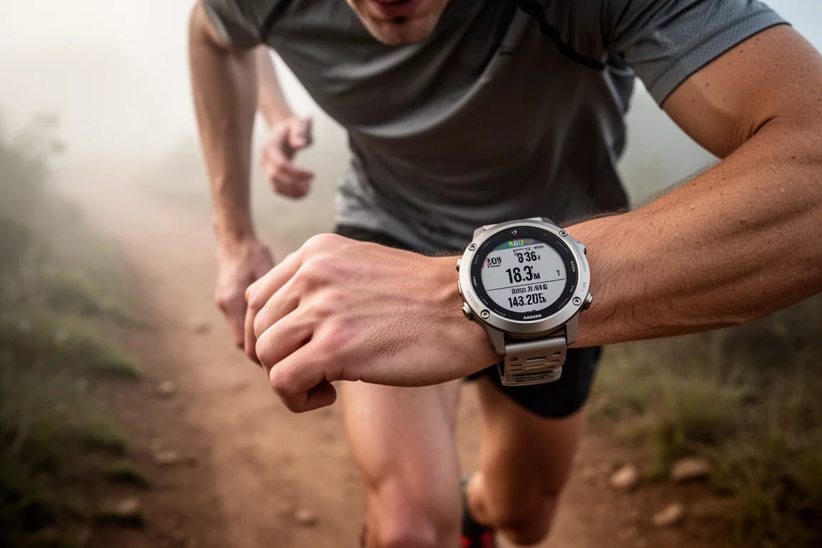 Trailrunnerin mit großer GPS-Sportuhr prüft das Tempo auf einem Schotterweg