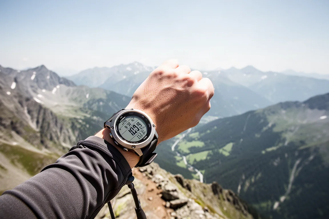 Wanderer auf einem exponierten Bergrücken bei grellem Sonnenlicht mit solarladender Uhr