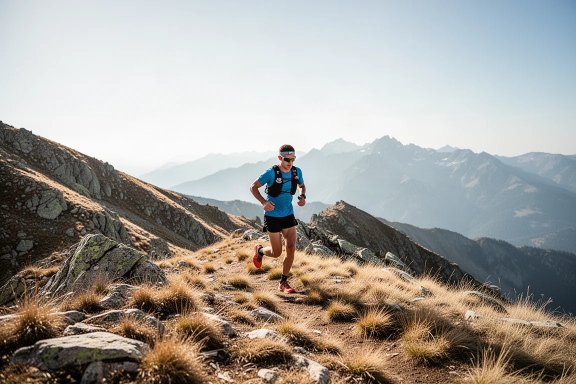 Trail runner che corre lungo una cresta montuosa sotto una forte luce del sole