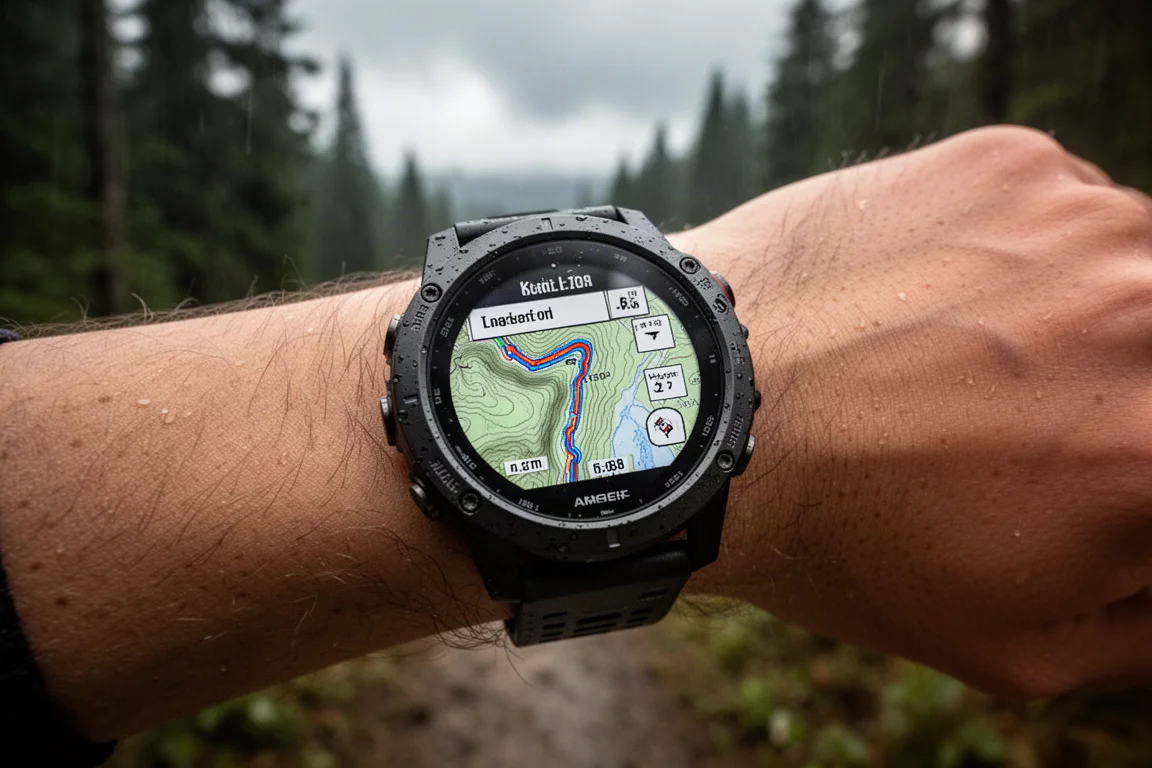 Escursionista che consulta una mappa sull'orologio GPS durante un'escursione in montagna