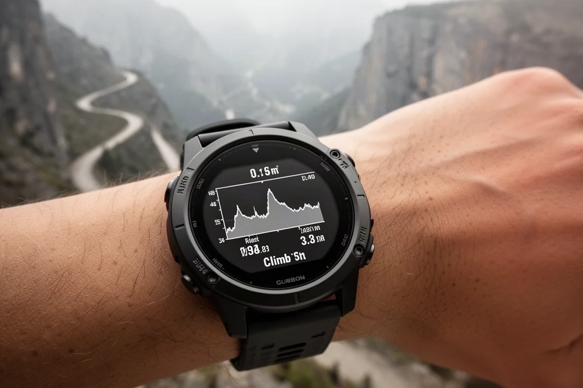 Orologio GPS al polso che mostra i dati di salita durante un'ascensione