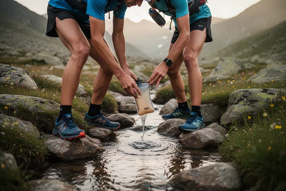 Ultrarunner che si rabbocca d'acqua in un torrente di montagna a fine lunga corsa
