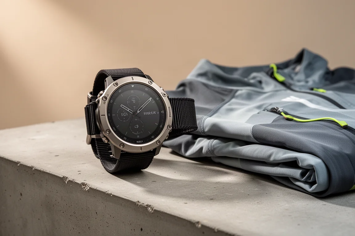 Rugged 51mm GPS sports watch with titanium case on a concrete surface