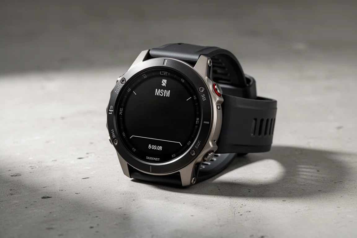 Wytrzymały zegarek GPS Garmin Enduro 3 z czarnym pierścieniem solarnym na ramce, położony na betonowej powierzchni