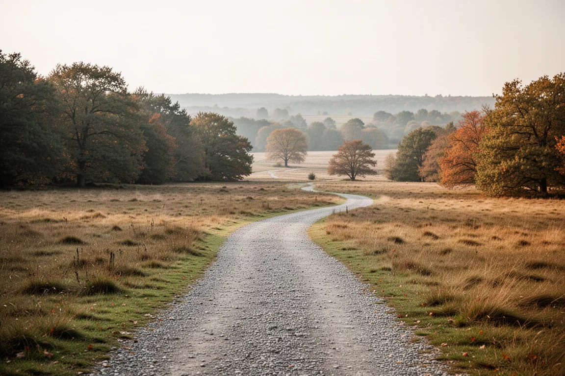 Sentiero che serpeggia tra bosco e brughiera aperta lungo il percorso di una maratona