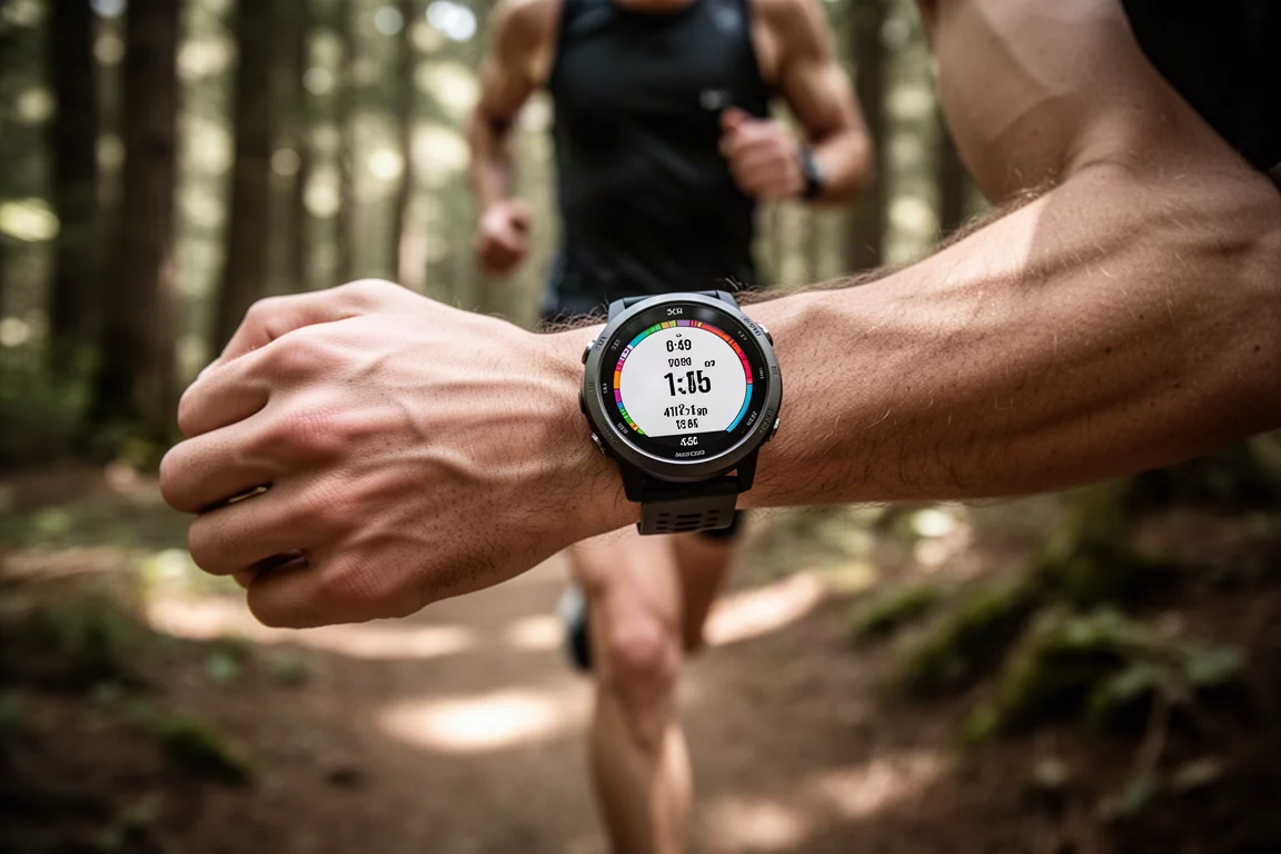 Polso di un corridore con un orologio sportivo GPS durante una lunga corsa