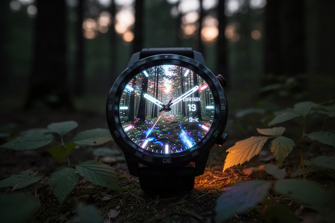 Schermo luminoso dell'orologio che brilla nella scarsa luce del bosco