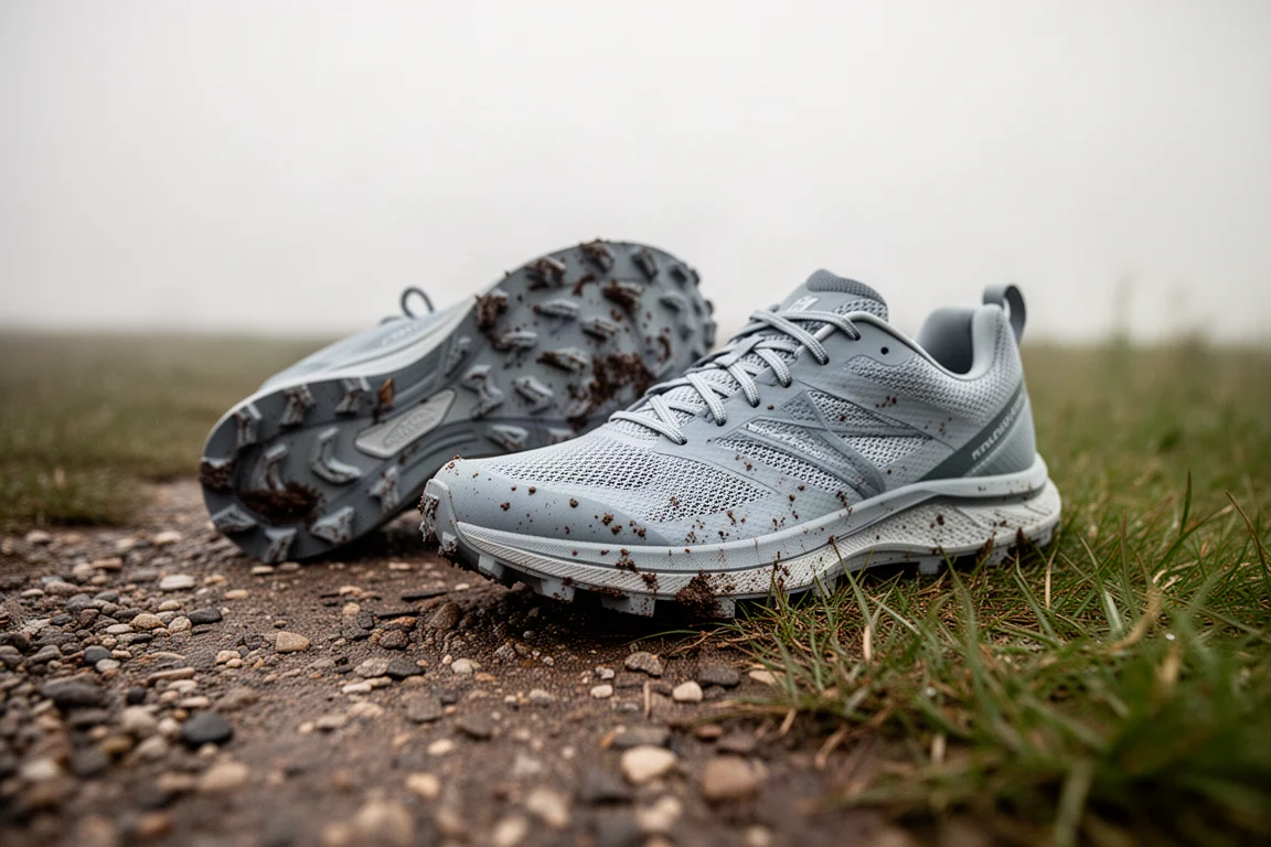 Scarpe da trail running su terreno misto di ghiaia ed erba