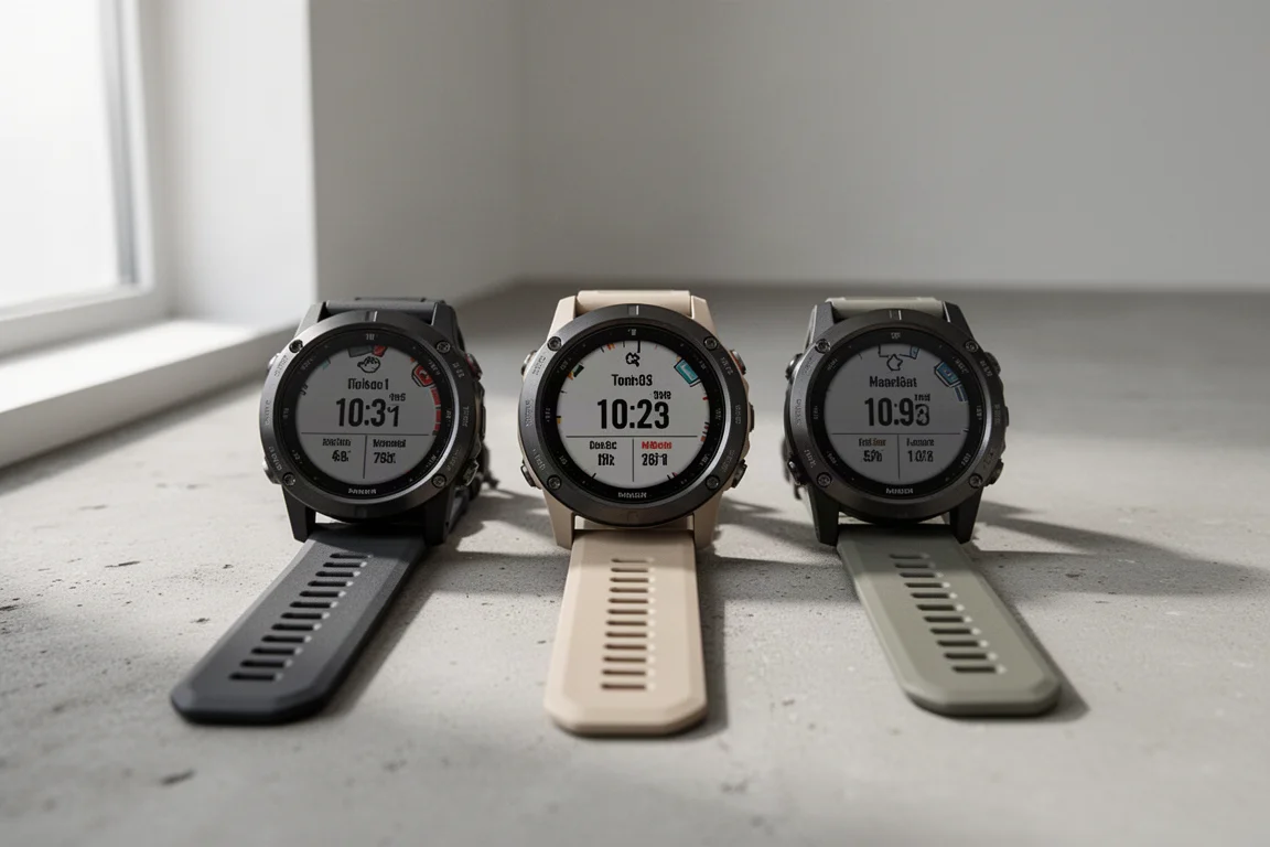 Three Garmin sports watches arranged side by side on a concrete surface