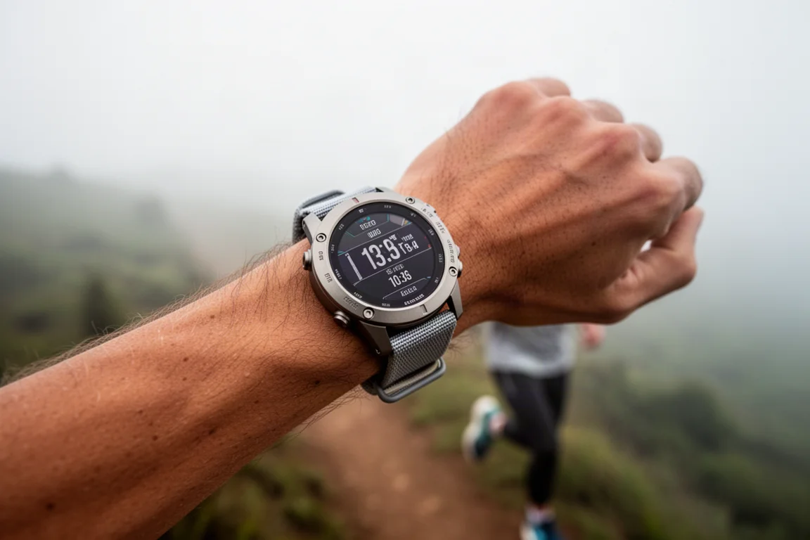 Grande orologio multisport GPS con cinturino in nylon indossato al polso di un corridore