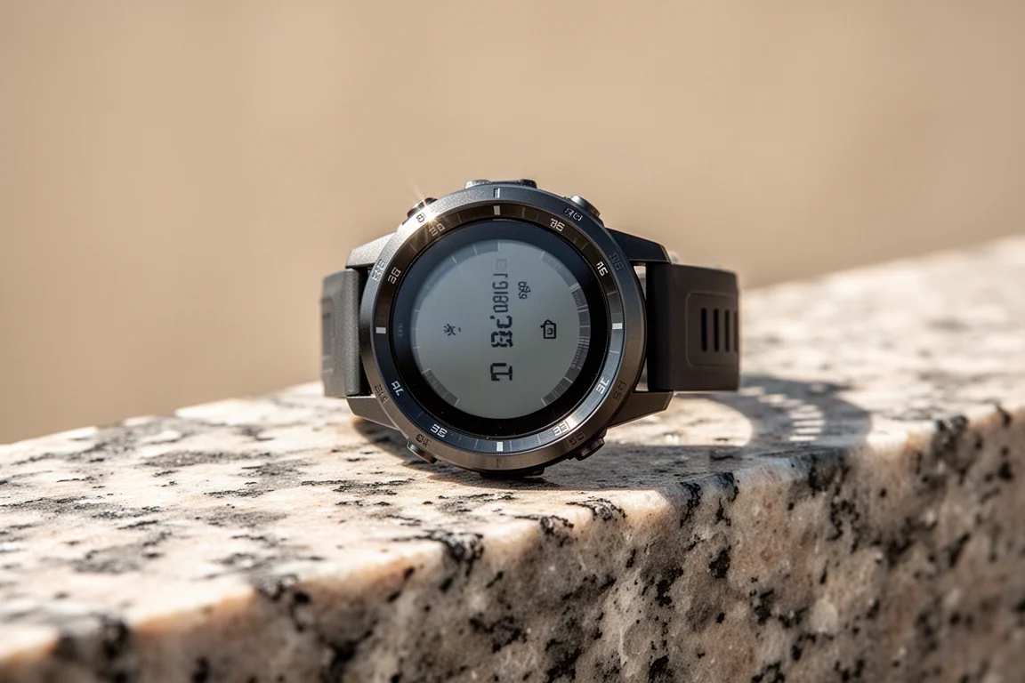 Schermo di orologio sportivo con bagliore di ricarica solare sotto una forte luce solare