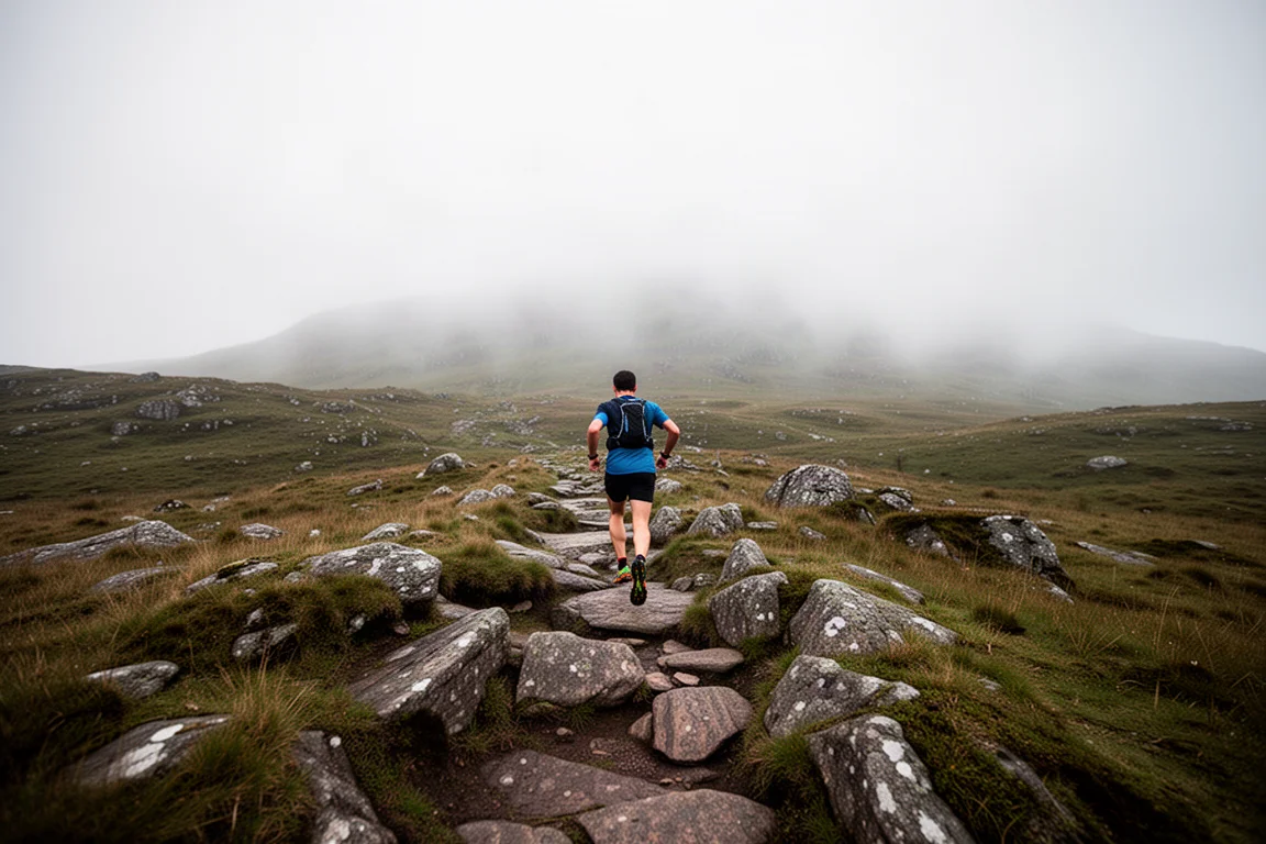 Trail runner che attraversa terreno roccioso in collina con cielo coperto