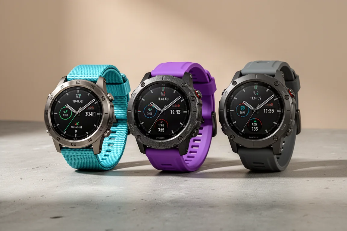 Three large multisport GPS watches side by side on a concrete surface