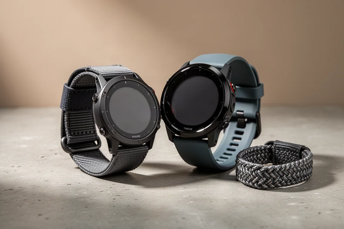 Due robusti orologi GPS da esterno e un cinturino in nylon intrecciato su una superficie in cemento opaco