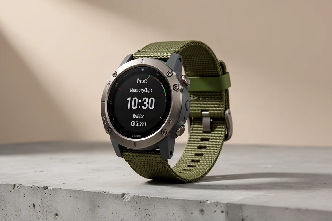 Garmin Enduro 4 精鋼耐撞 GPS 運動手錶，配橄欖綠錶帶，置於混凝土表面