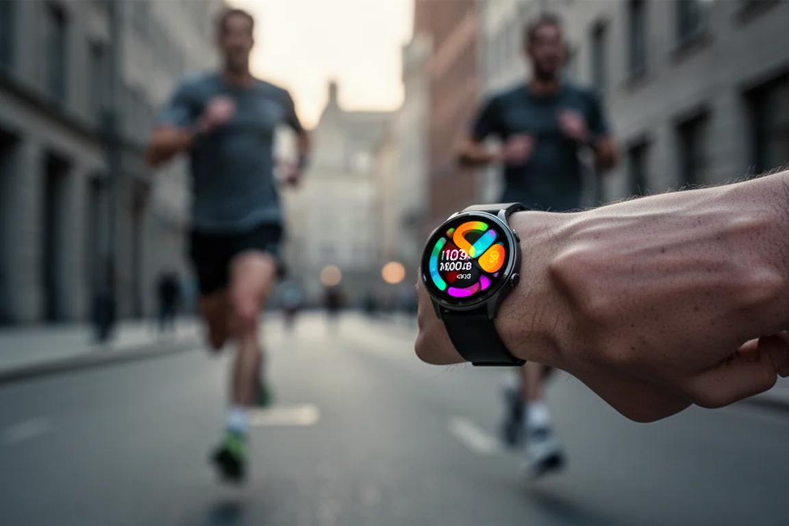 Hardloper controleert een helder AMOLED-horlogekastje op zijn pols tijdens een vroege ochtendloop