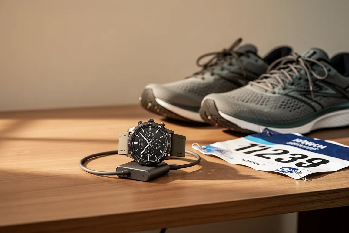 GPS-horloge laadt aan een kabel naast hardloopschoenen na een lange looptraining