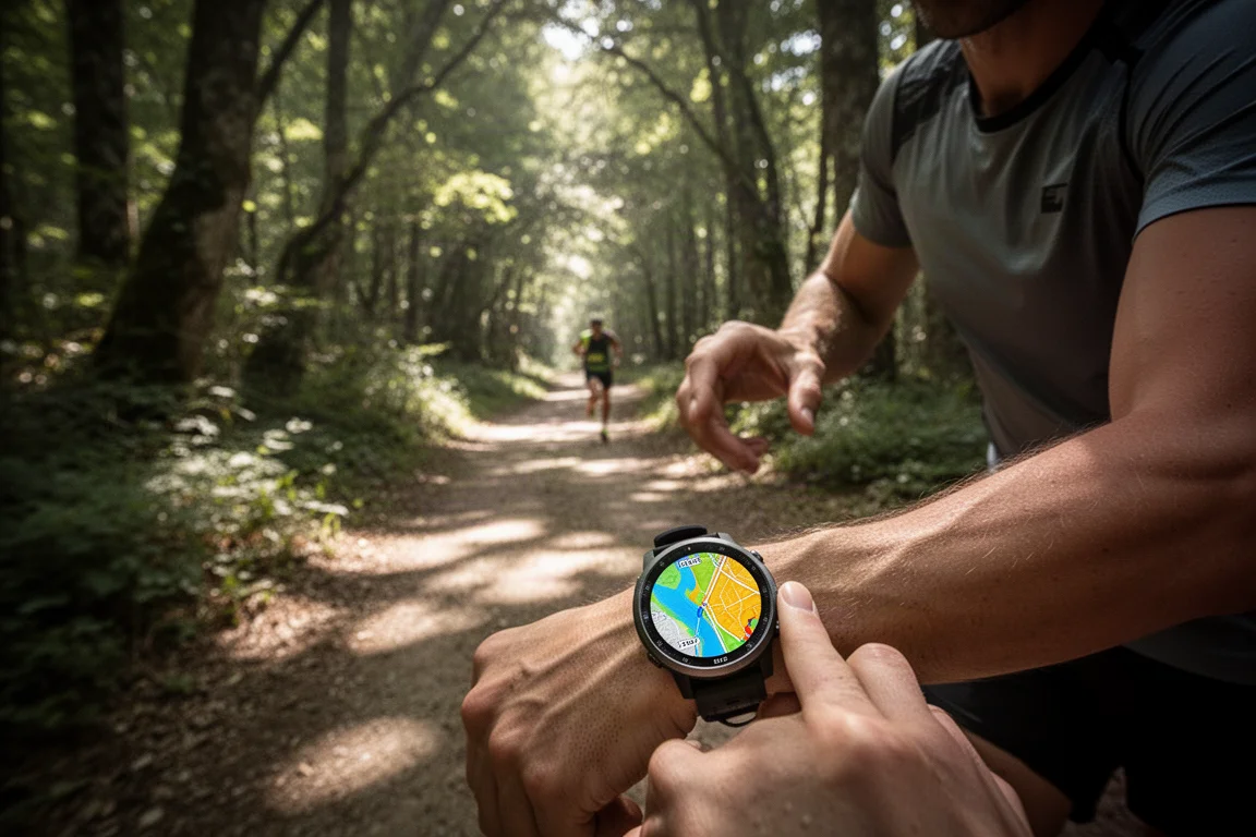 Trailrunner navigeert onder dicht bladerdak met behulp van een heldere polskaart