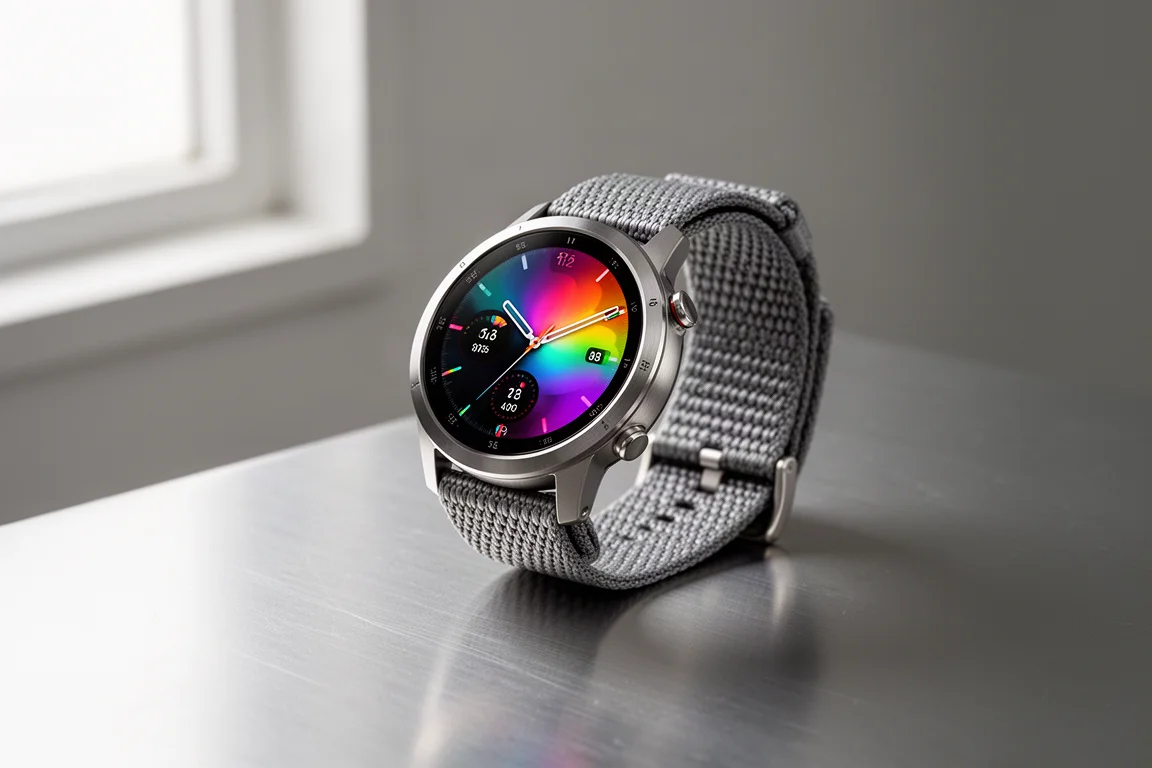 Premium round GPS sports watch with bright AMOLED display on a brushed metal surface