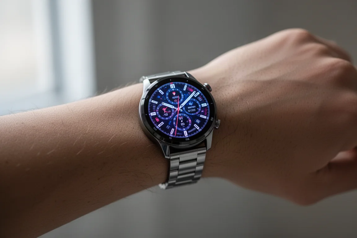 Corredor con un reloj deportivo GPS en un sendero de montaña con la luz de la mañana