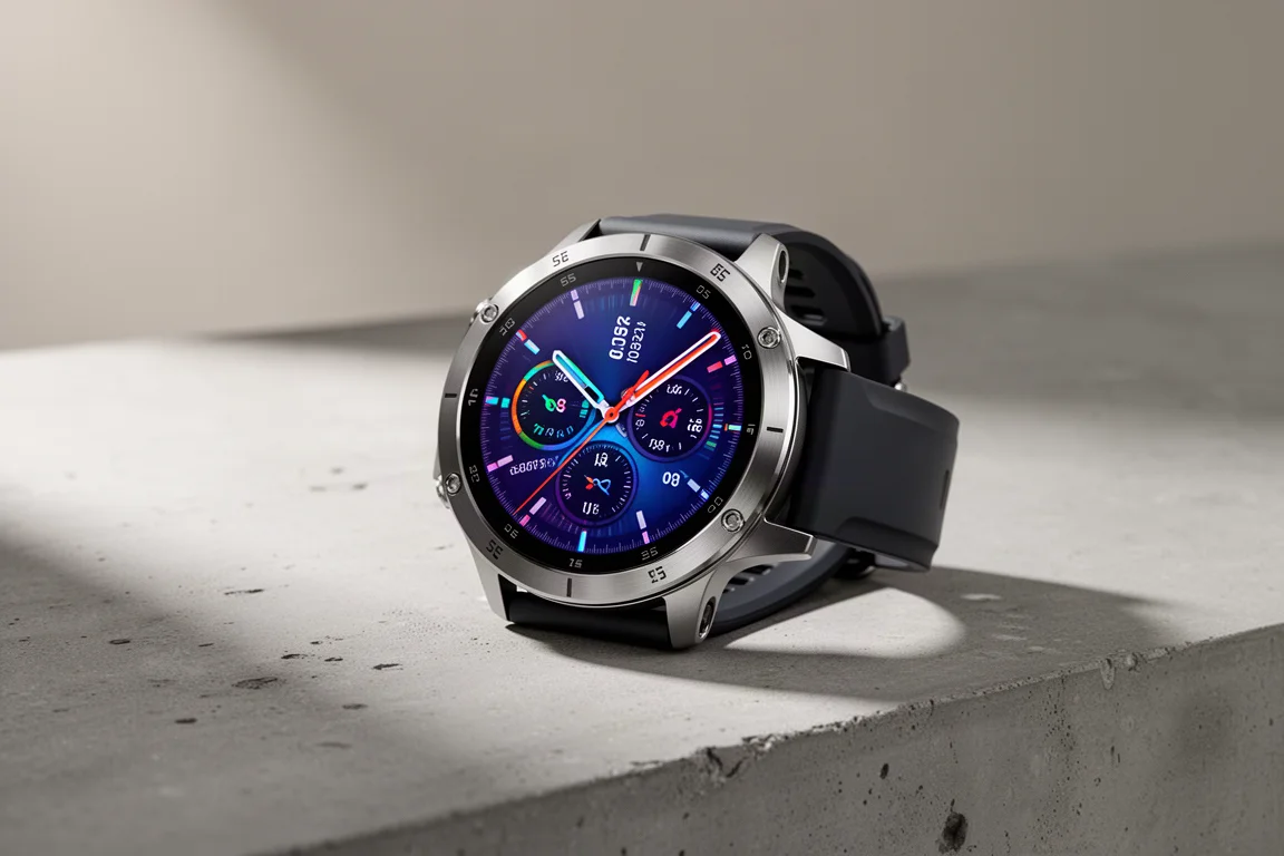 Garmin Epix Gen 2 GPS smartwatch with round AMOLED map display on concrete surface