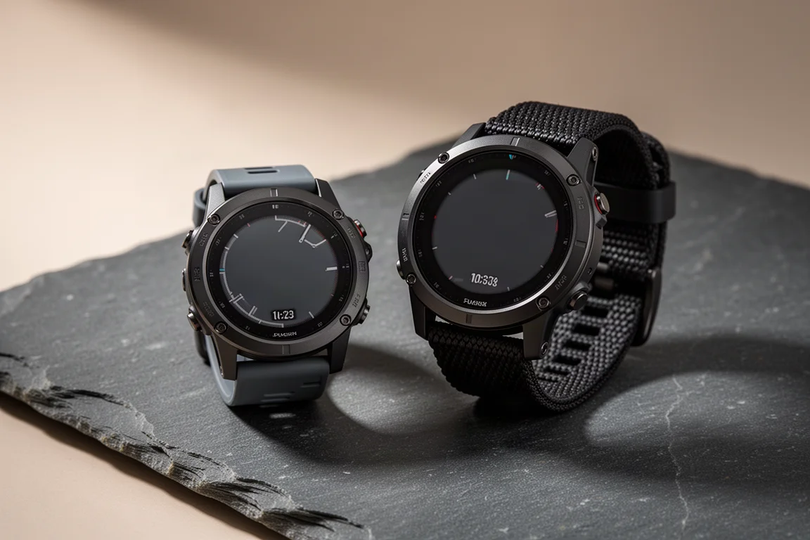 Two rugged Garmin GPS watches side by side on a dark stone surface