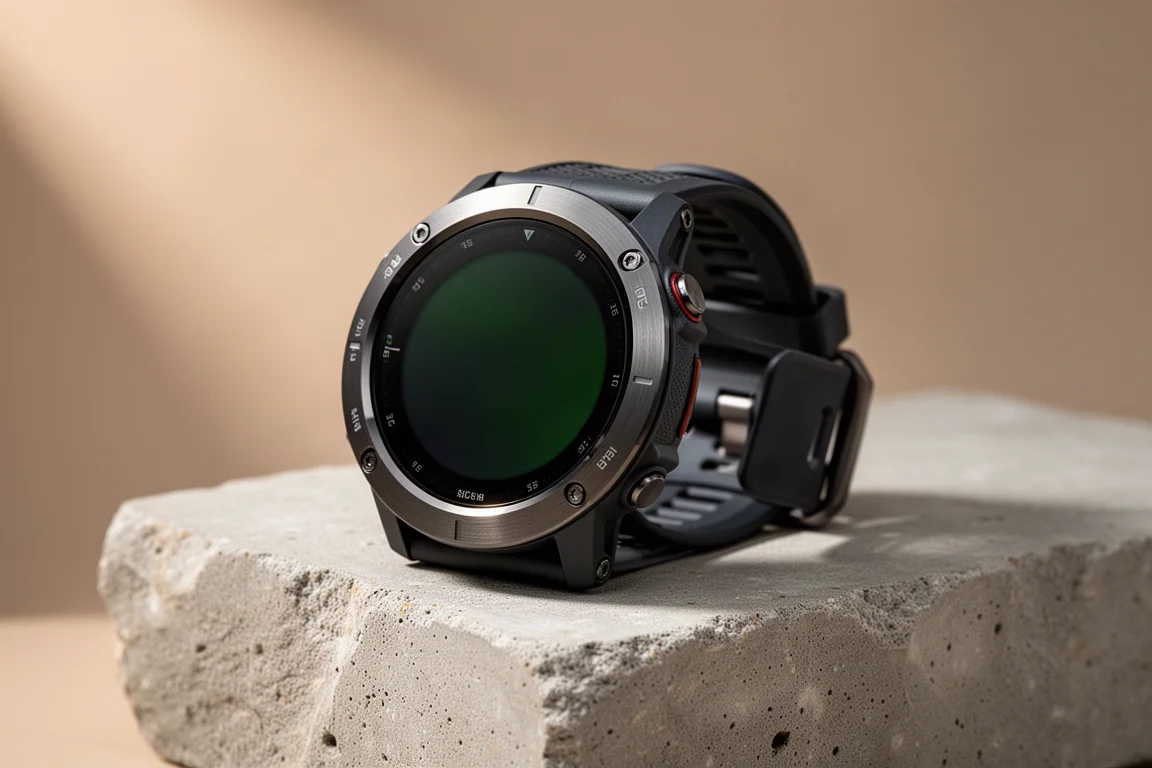 Grande orologio GPS da esterno rotondo con cassa grigio scuro e cinturino nero su cemento chiaro