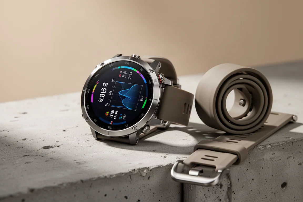 Garmin Epix Pro smartwatch with round case and bright AMOLED screen on concrete surface