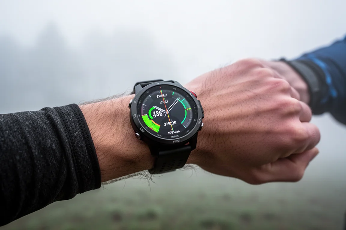 Un runner controlla un grande smartwatch sportivo AMOLED durante una corsa mattutina fredda