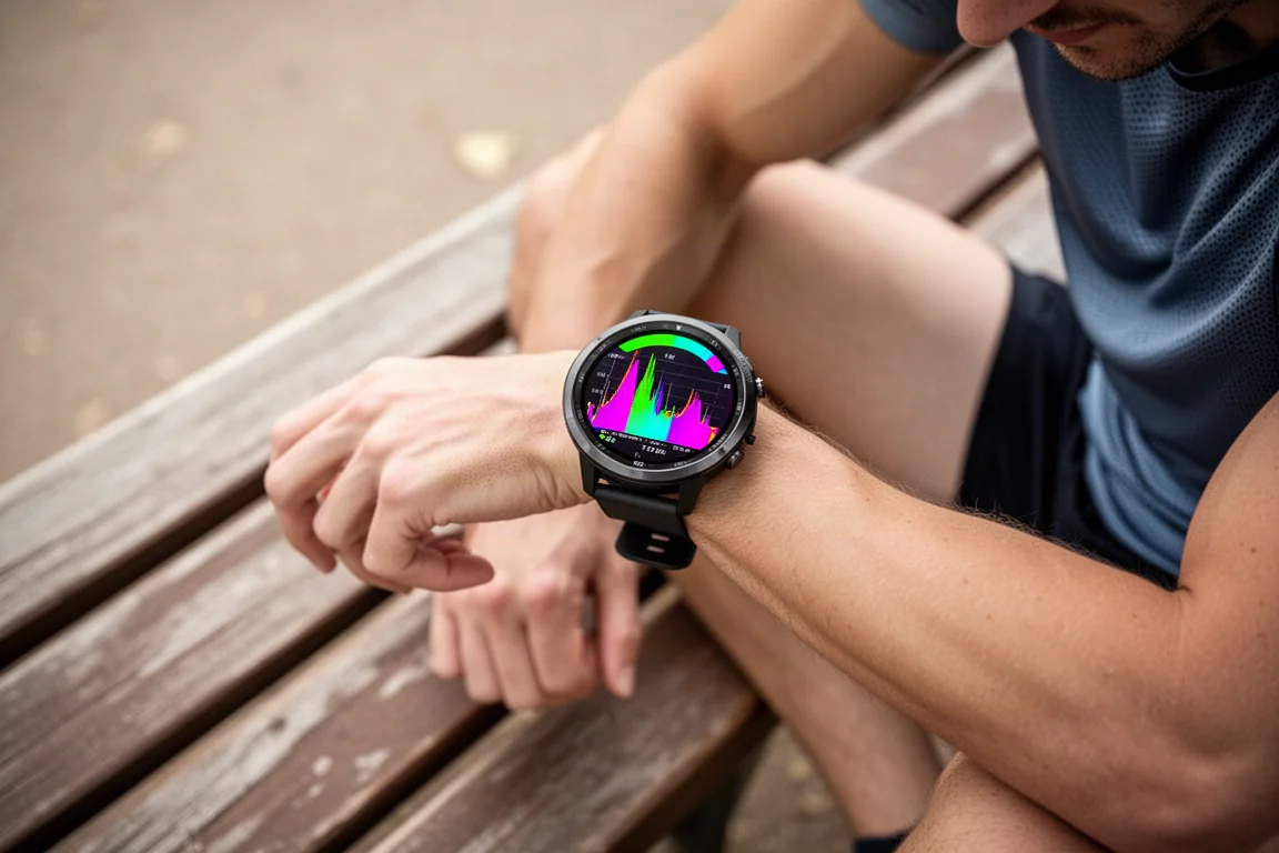 Un runner analizza statistiche di allenamento dettagliate sul display di uno smartwatch sportivo