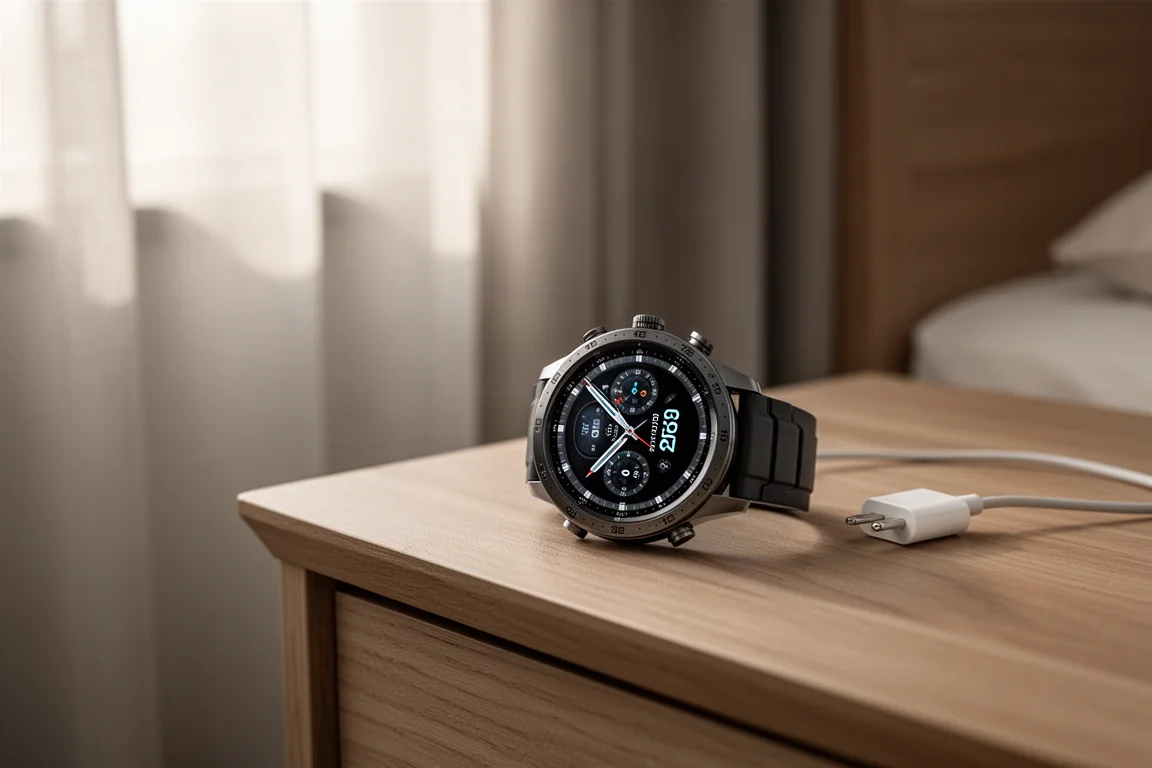 Smartwatch sportivo su un comodino in carica durante la notte con luce soffusa