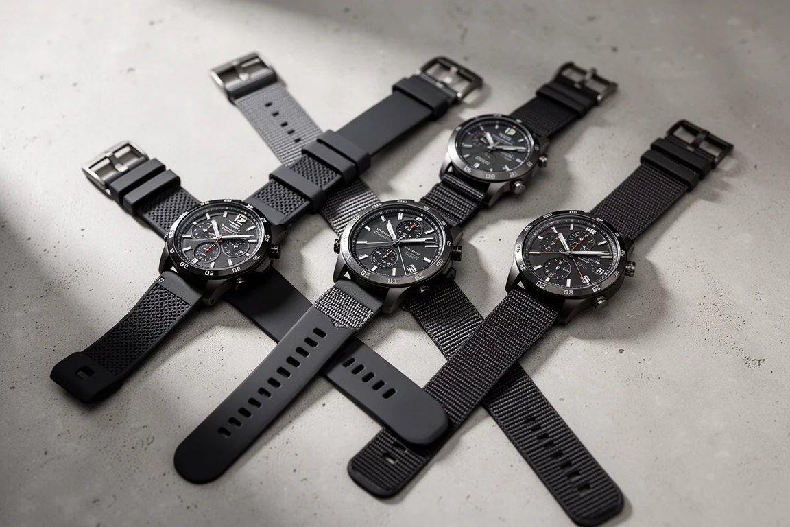 Una collezione di smartwatch sportivi di fascia alta disposti su una superficie di cemento