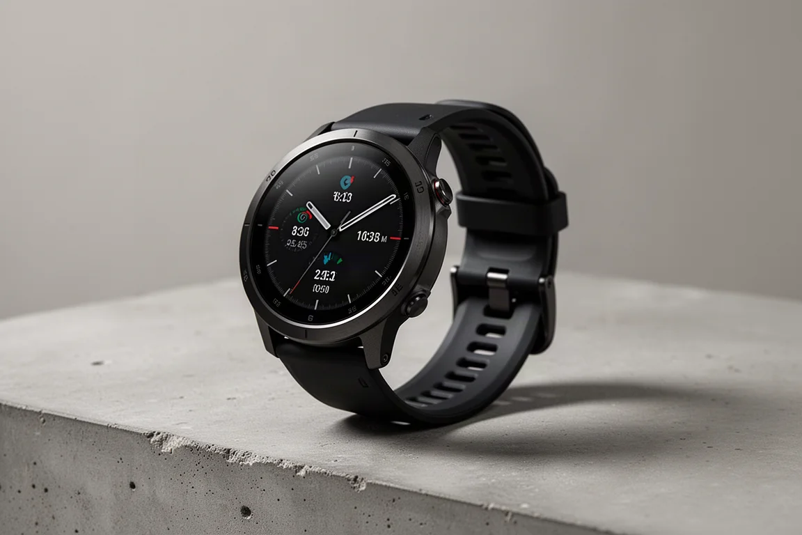 Premium AMOLED sports watch with black titanium bezel on a concrete surface
