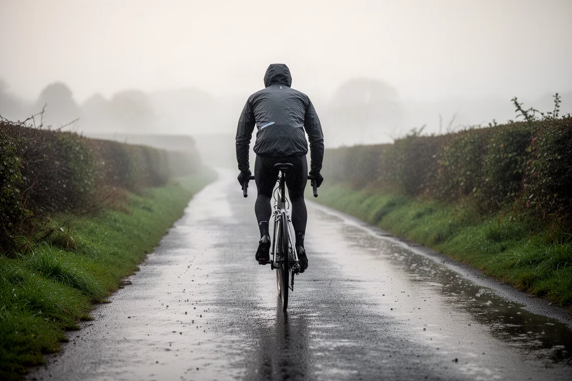 Ciclista con una giacca antivento su una stradina di campagna bagnata alle prime luci