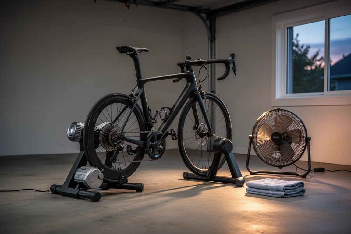 Bici da corsa montata su un rullo direct-drive in un garage ordinato al crepuscolo
