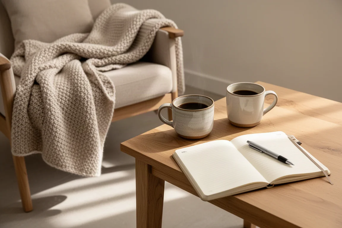 Tazza di caffè, quaderno aperto e coperta piegata nella morbida luce del mattino