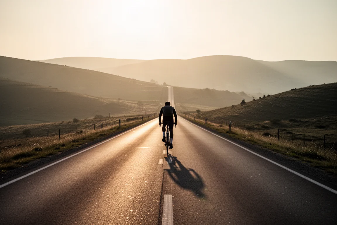 Ciclista solitario che sale su una strada aperta nell'ora d'oro con ombre lunghe