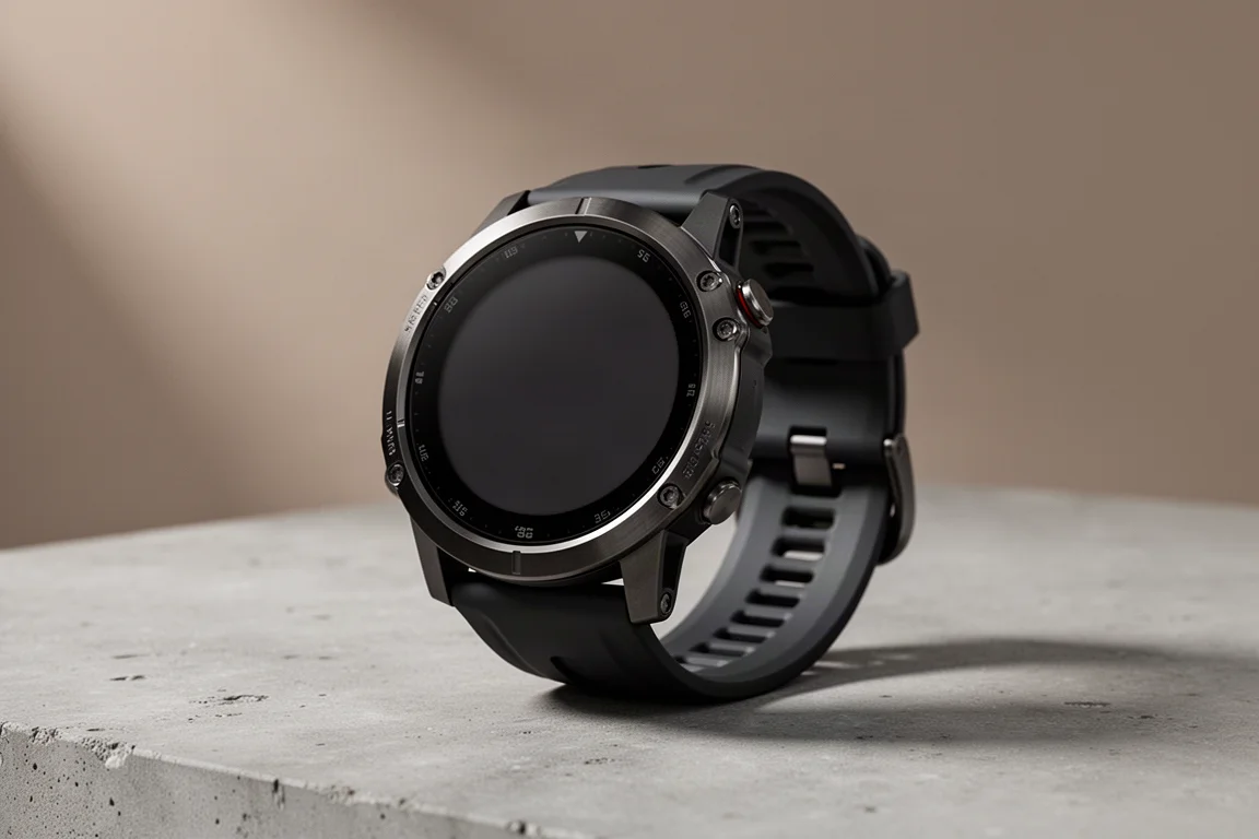 Robust rund multisport-GPS-smartwatch med mörk boett på betongyta