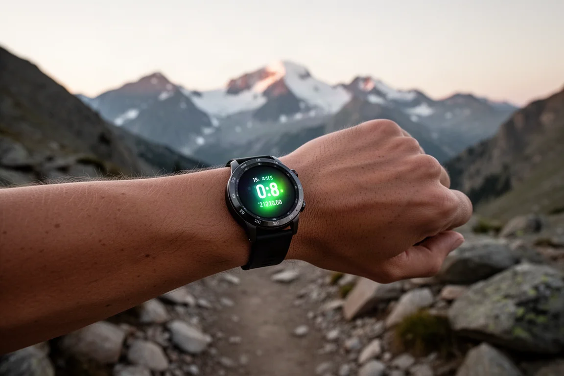 Muñeca con un reloj GPS multideporte en un sendero de montaña al amanecer