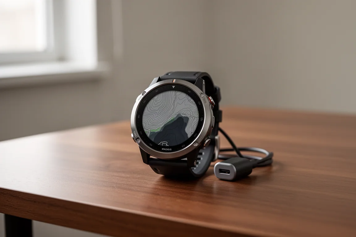 Reloj GPS en un cargador con una vista de mapa visible en pantalla
