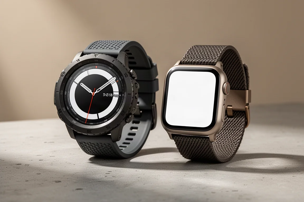 Orologio sportivo rotondo e smartwatch quadrato in titanio affiancati su una superficie in cemento